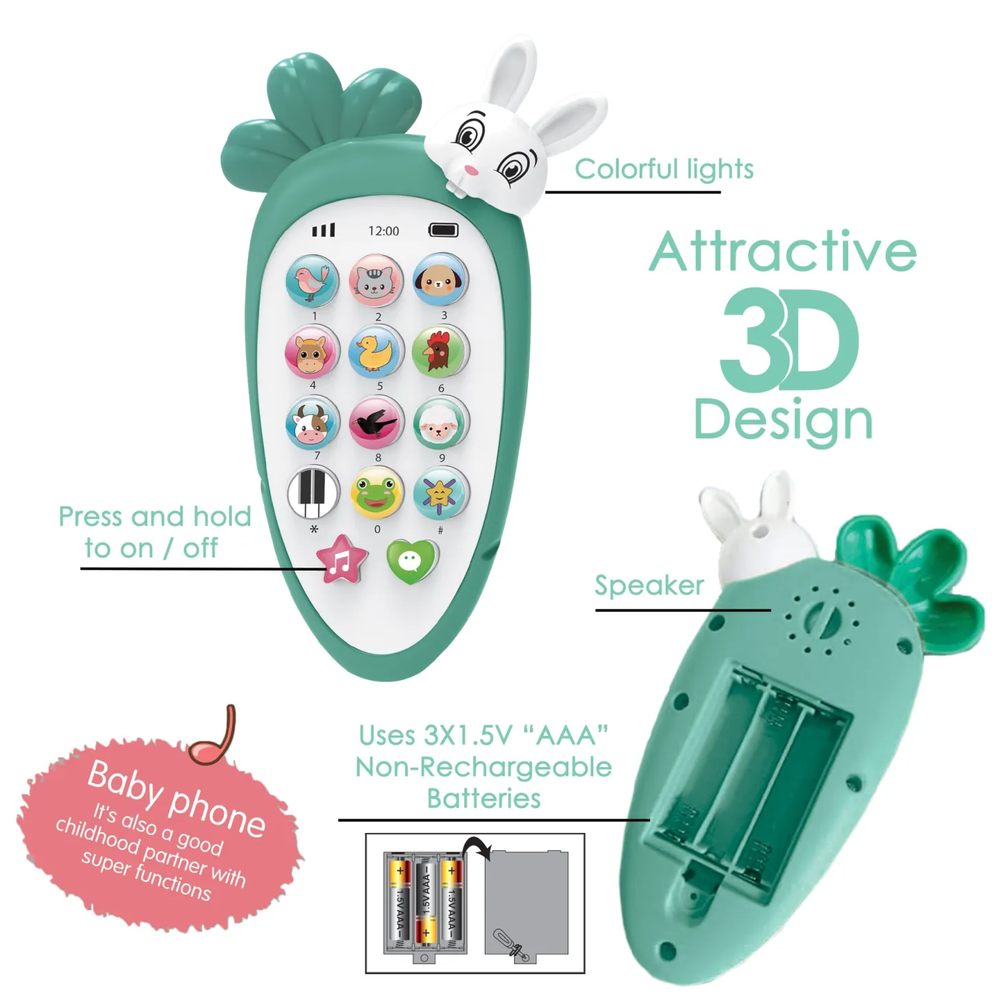 Baby Moo intelligent Bunny Interactive Musical Mobile Phone Toy For Kids With 20 Built-in Songs, Animal Sounds & Chat Button - Light Green