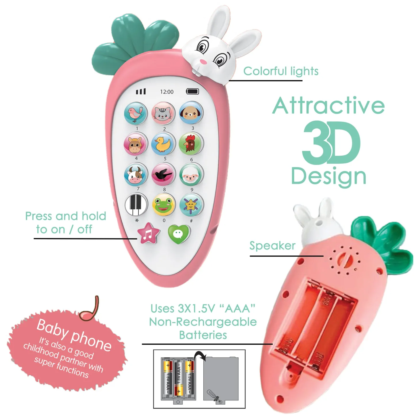 Baby Moo intelligent Bunny Interactive Musical Mobile Phone Toy For Kids With 20 Built-in Songs, Animal Sounds & Chat Button - Pink