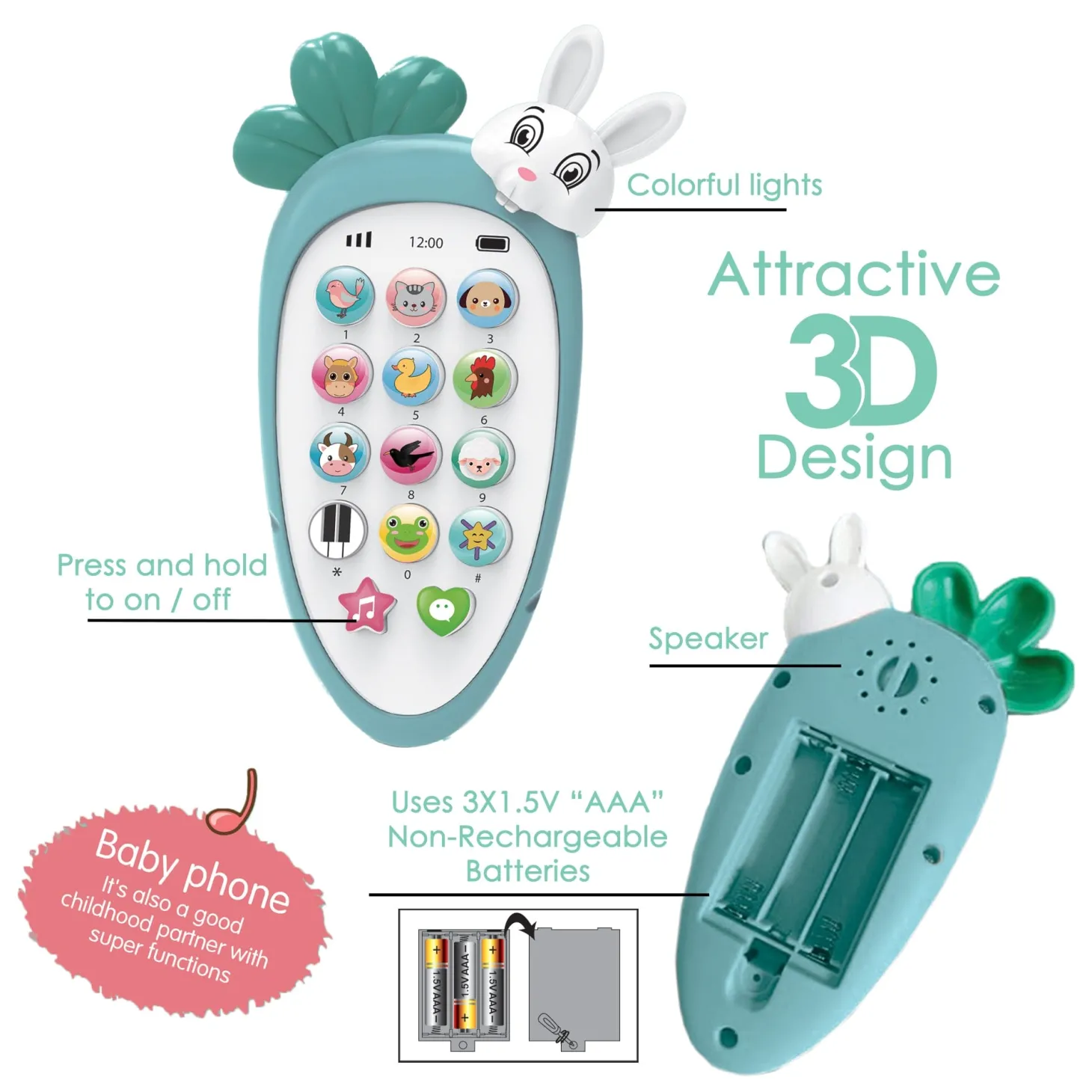Baby Moo intelligent Bunny Interactive Musical Mobile Phone Toy For Kids With 20 Built-in Songs, Animal Sounds & Chat Button - Blue