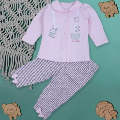 Baby Moo Jumping Bunny Embroidered Long Sleeve 2pcs Casual Baby Suit - Pink