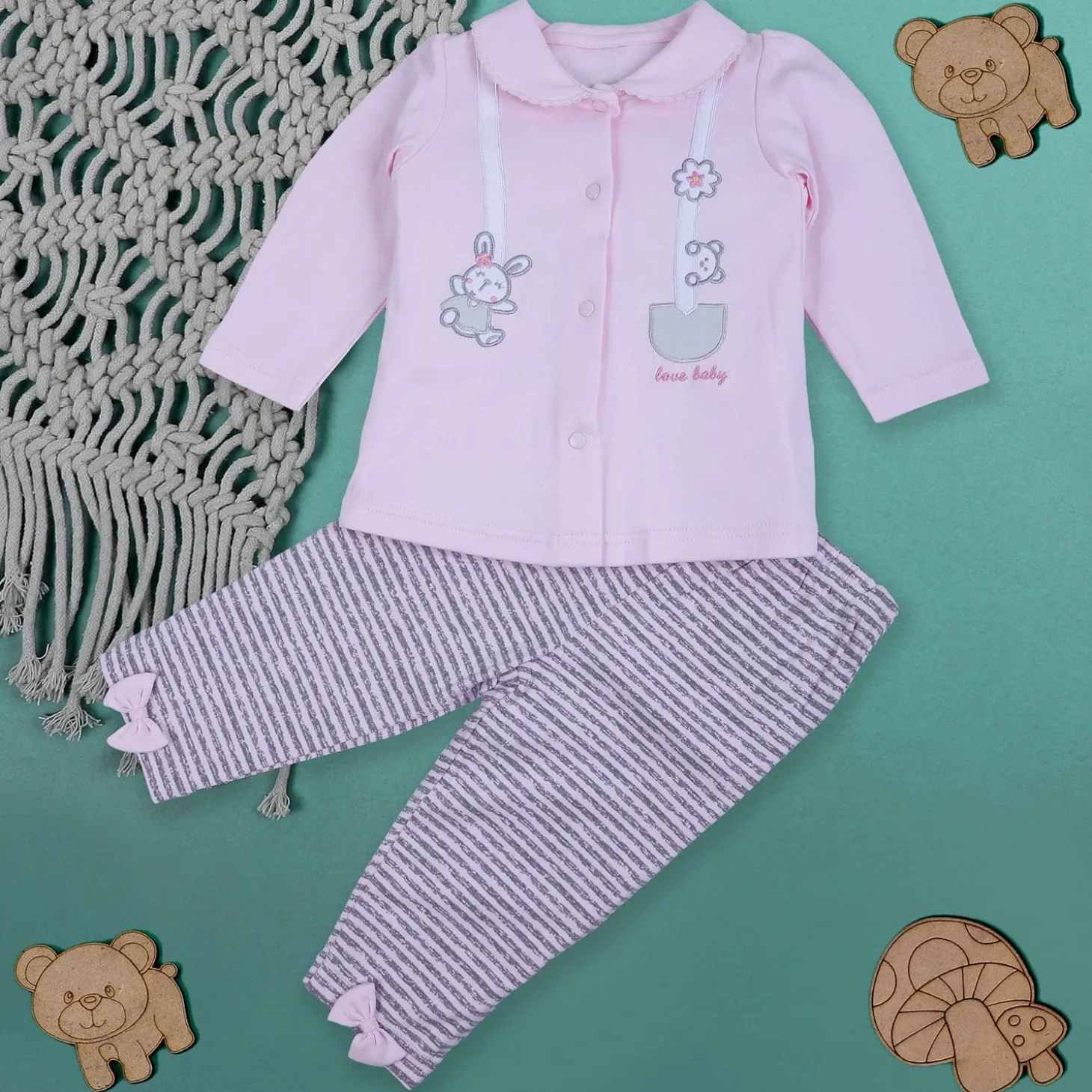 Baby Moo Jumping Bunny Embroidered Long Sleeve 2pcs Casual Baby Suit - Pink