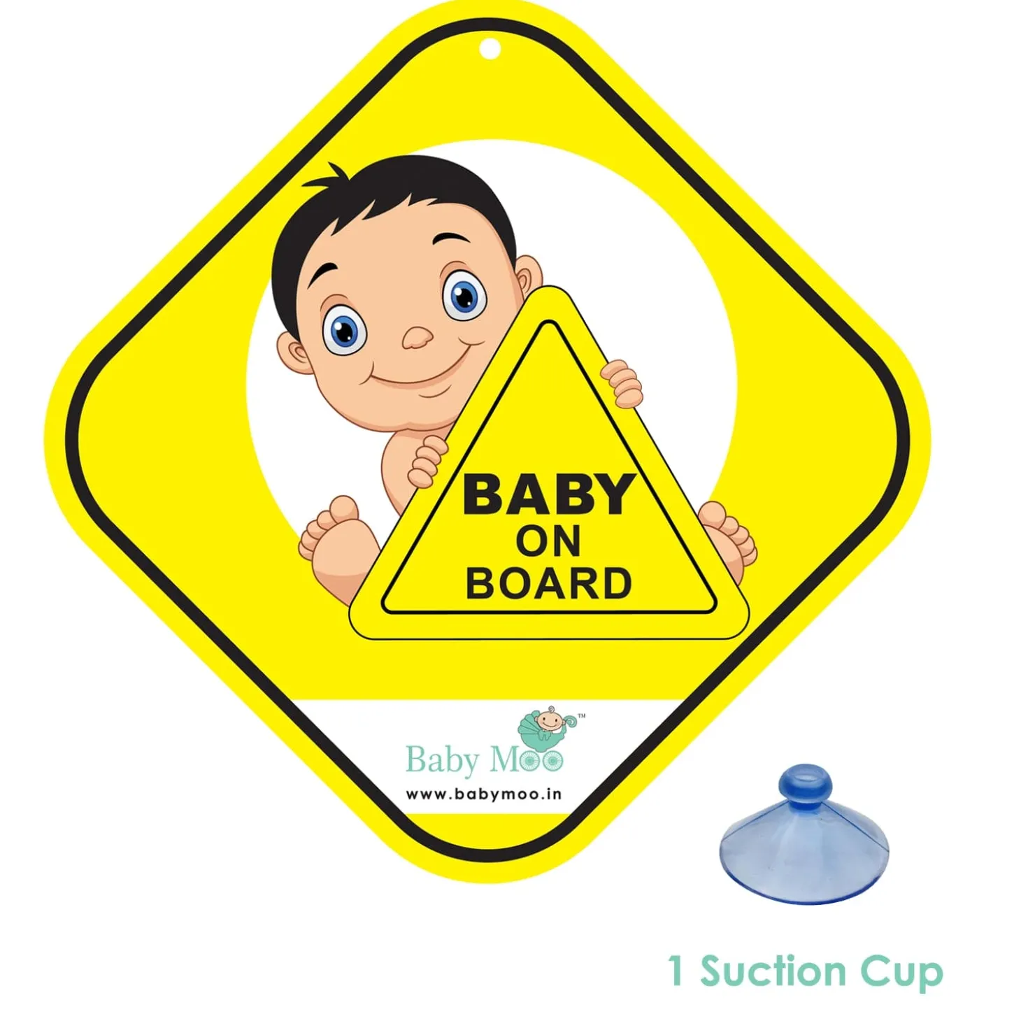 Baby Moo Kids On Board Car Safety Sign With Vacuum Suction Cup Clip - Yellow