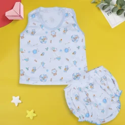 Baby Moo Kite Flying Bear Pure Cotton Sleeveless Vest With Matching Bottom 2pcs Set - Blue