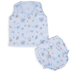 Baby Moo Kite Flying Bear Pure Cotton Sleeveless Vest With Matching Bottom 2pcs Set - Blue
