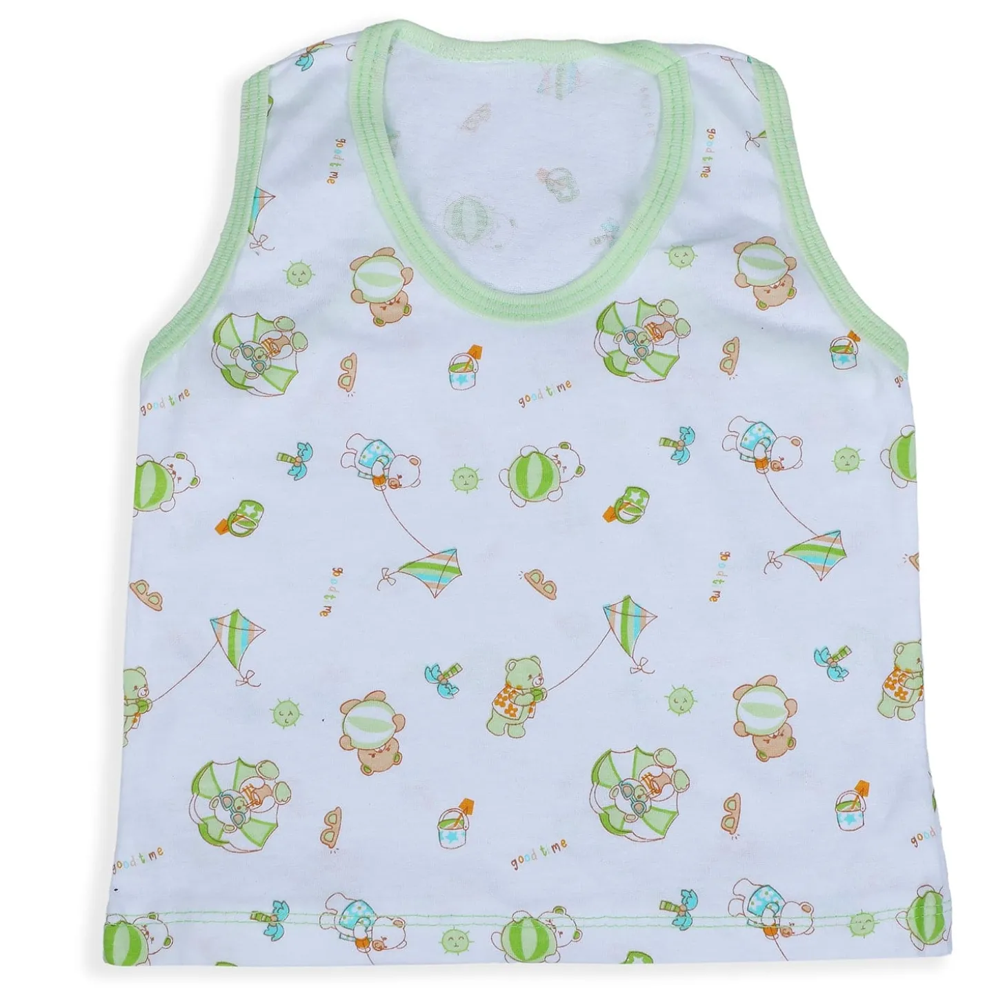 Baby Moo Kite Flying Bear Pure Cotton Sleeveless Vest With Matching Bottom 2pcs Set - Green