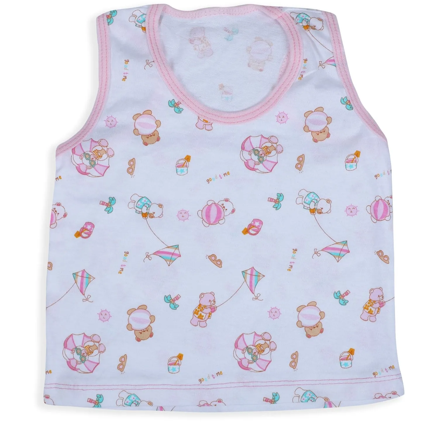 Baby Moo Kite Flying Bear Pure Cotton Sleeveless Vest With Matching Bottom 2pcs Set - Pink