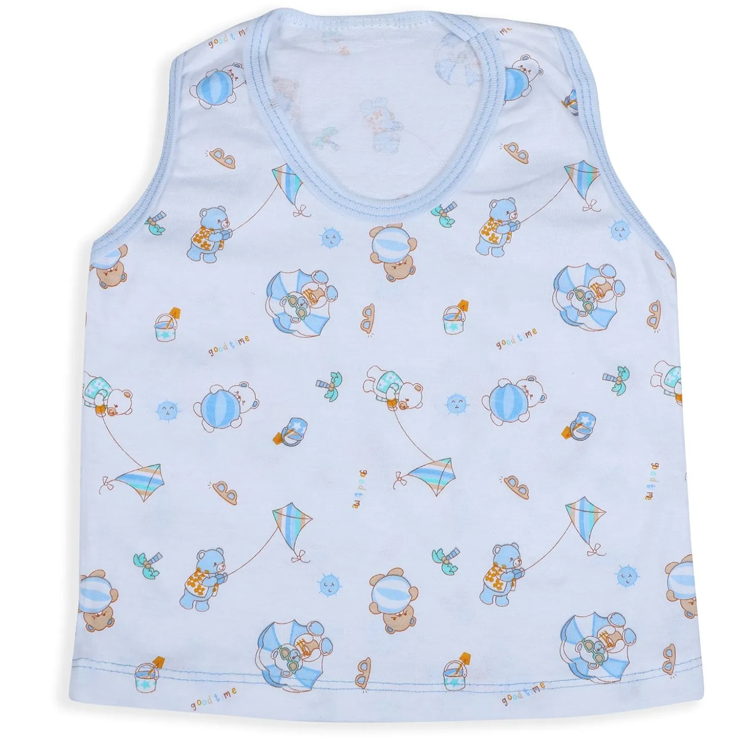 Baby Moo Kite Flying Bear Pure Cotton Sleeveless Vest With Matching Bottom 2pcs Set - Blue