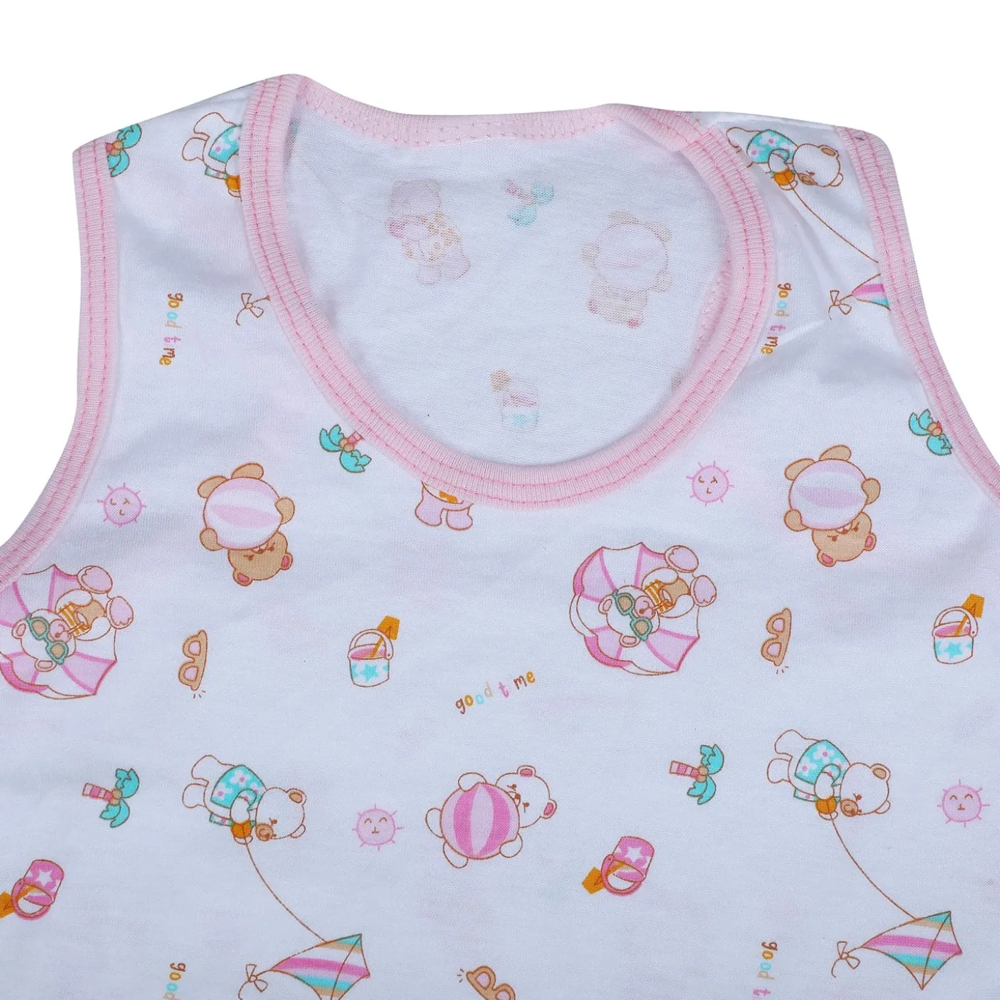 Baby Moo Kite Flying Bear Pure Cotton Sleeveless Vest With Matching Bottom 2pcs Set - Pink