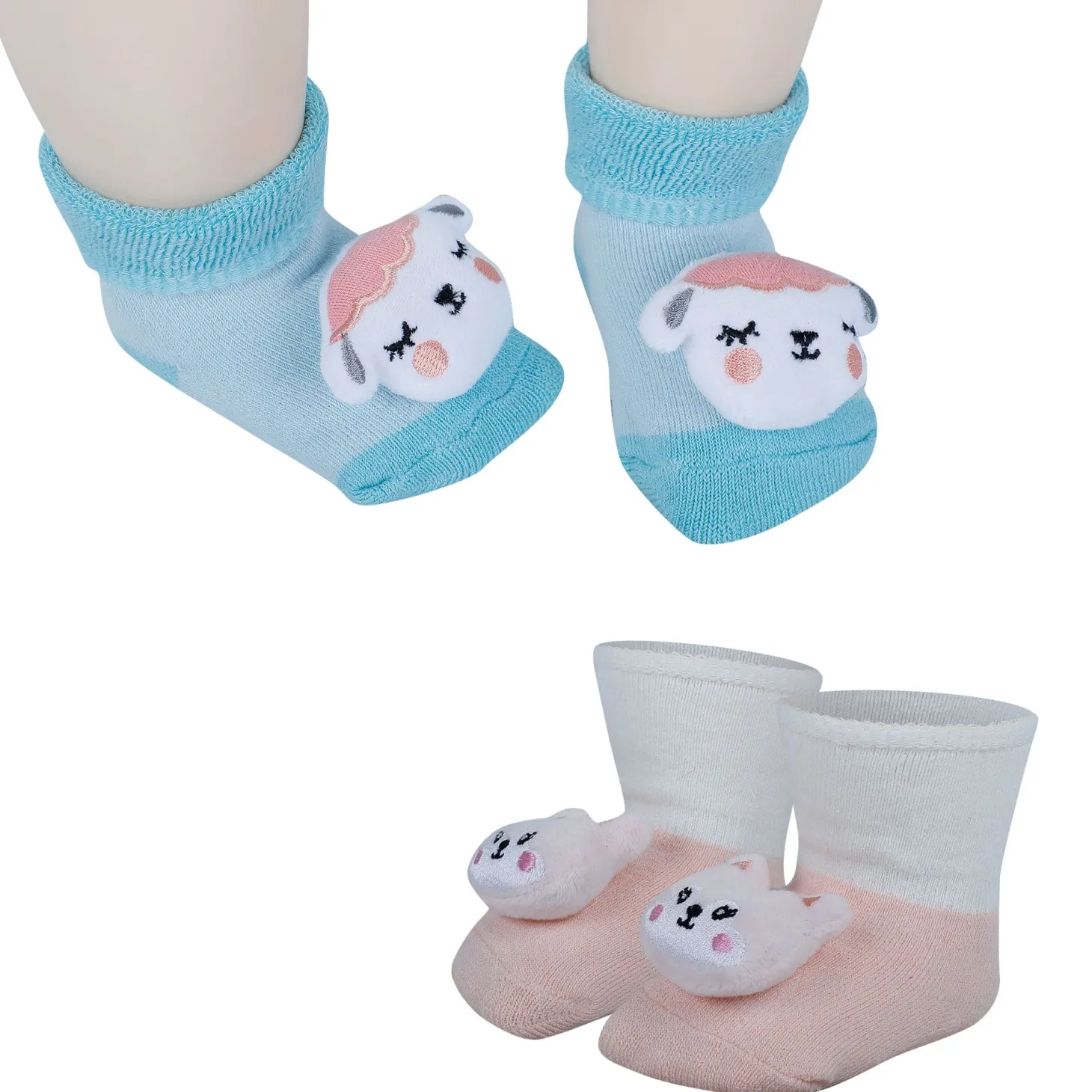Baby Moo Kitty And Cow 3D Rattle Anti-Skid Socks Booties Pack of 2 - Peach, Green