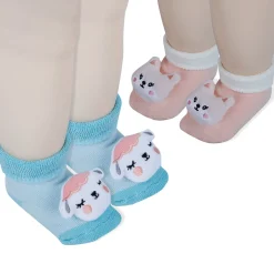 Baby Moo Kitty And Cow 3D Rattle Anti-Skid Socks Booties Pack of 2 - Peach, Green