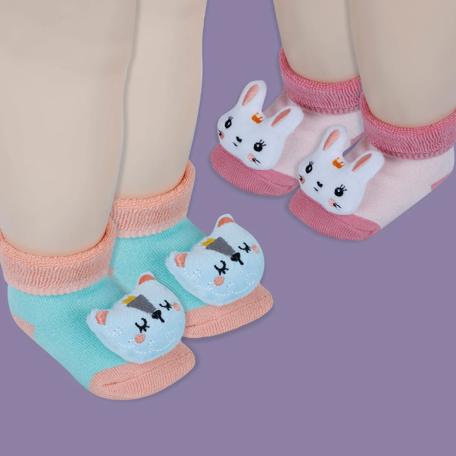 Baby Moo Kitty And Rabbit 3D Rattle Anti-Skid Socks Booties Pack of 2 - Orange, Pink