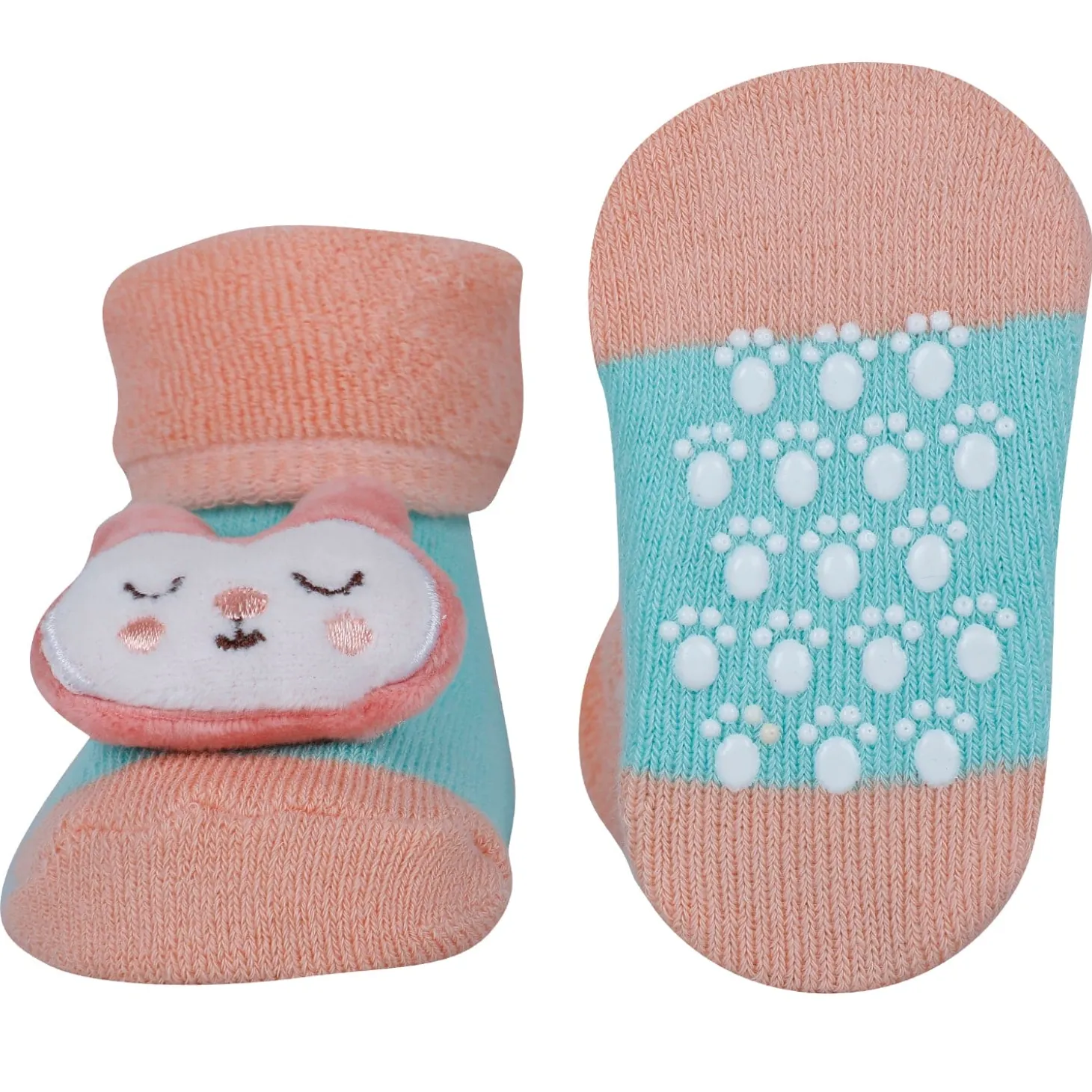 Baby Moo Kitty And Rabbit 3D Rattle Anti-Skid Socks Booties Pack of 2 - Pink, Orange