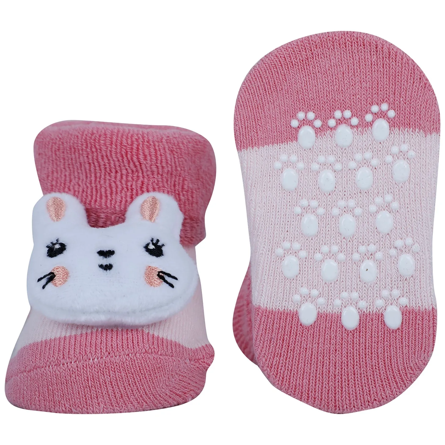 Baby Moo Kitty And Rabbit 3D Rattle Anti-Skid Socks Booties Pack of 2 - Orange, Pink