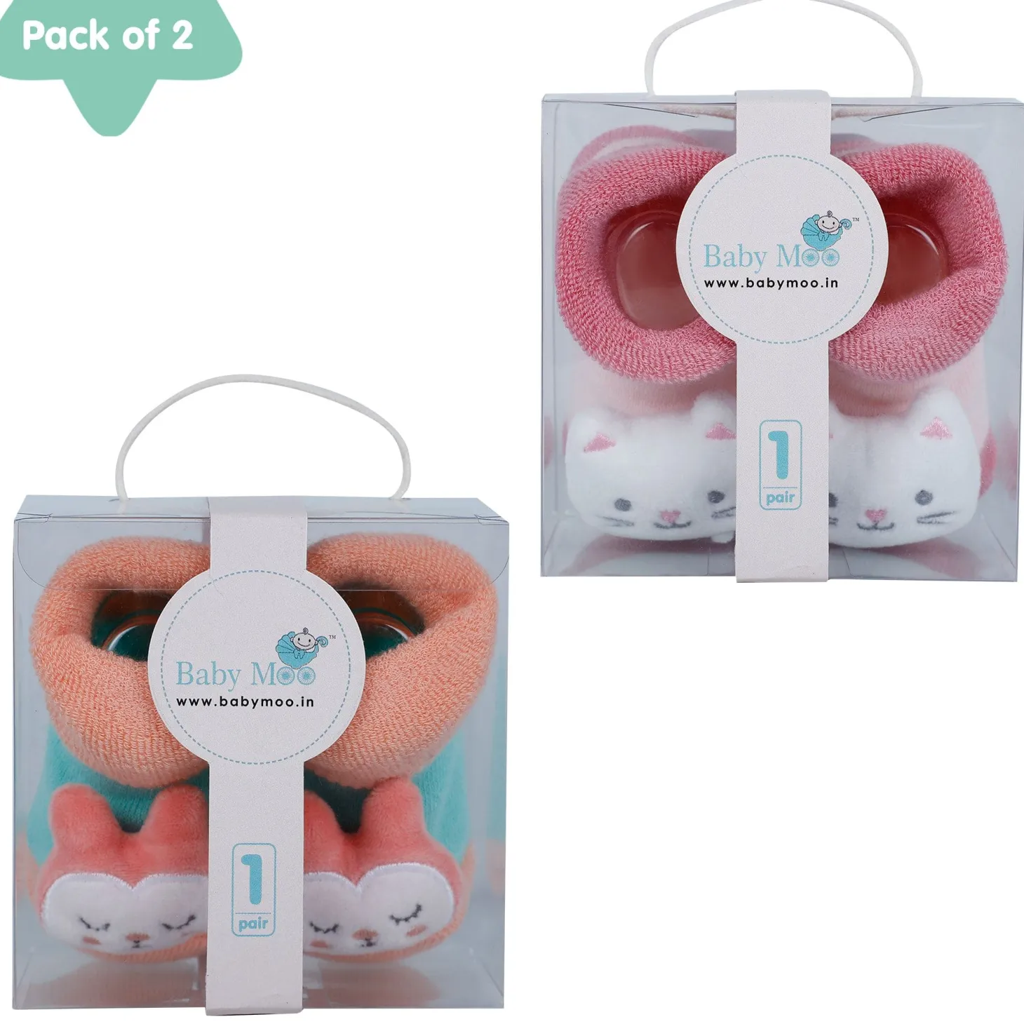 Baby Moo Kitty And Rabbit 3D Rattle Anti-Skid Socks Booties Pack of 2 - Pink, Orange