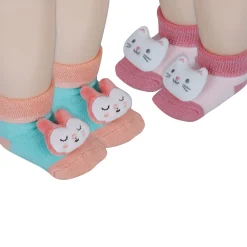 Baby Moo Kitty And Rabbit 3D Rattle Anti-Skid Socks Booties Pack of 2 - Pink, Orange