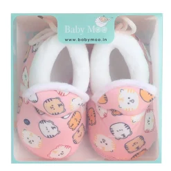 Baby Moo Kitty Face Printed Soft Slip-On Anti-Skid Plush Warm Booties - Pink