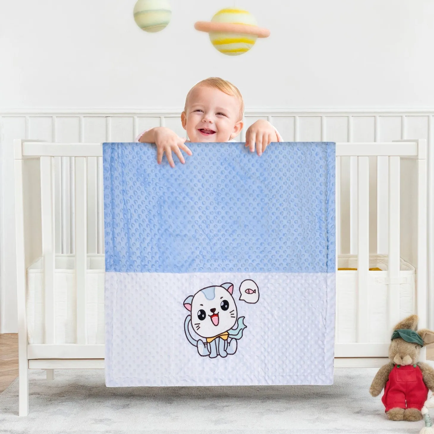 Baby Moo Kitty Plush Cotton All Season Nursery Blanket - Blue