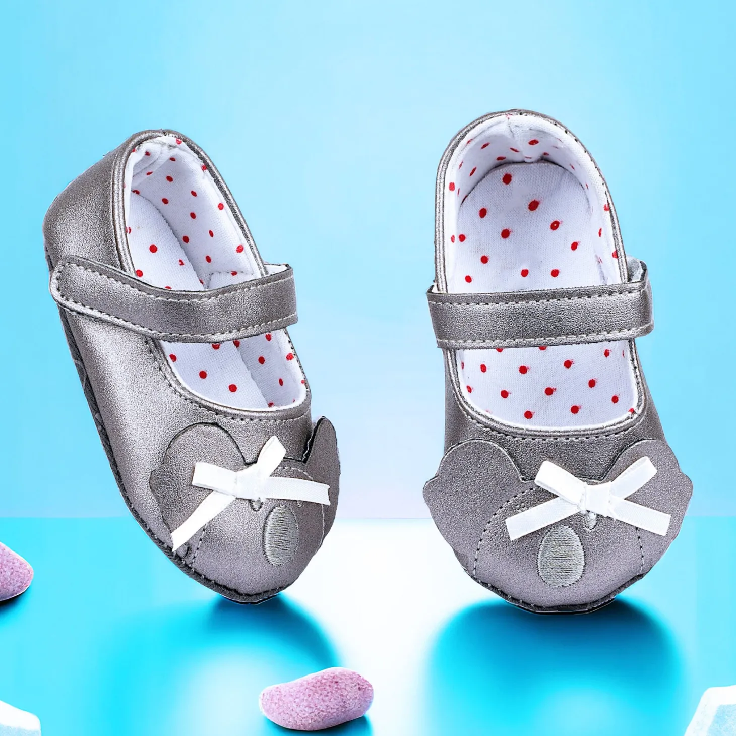 Baby Moo Koala Bow Applique Velcro Strap Anti-Skid Ballerina Booties - Grey