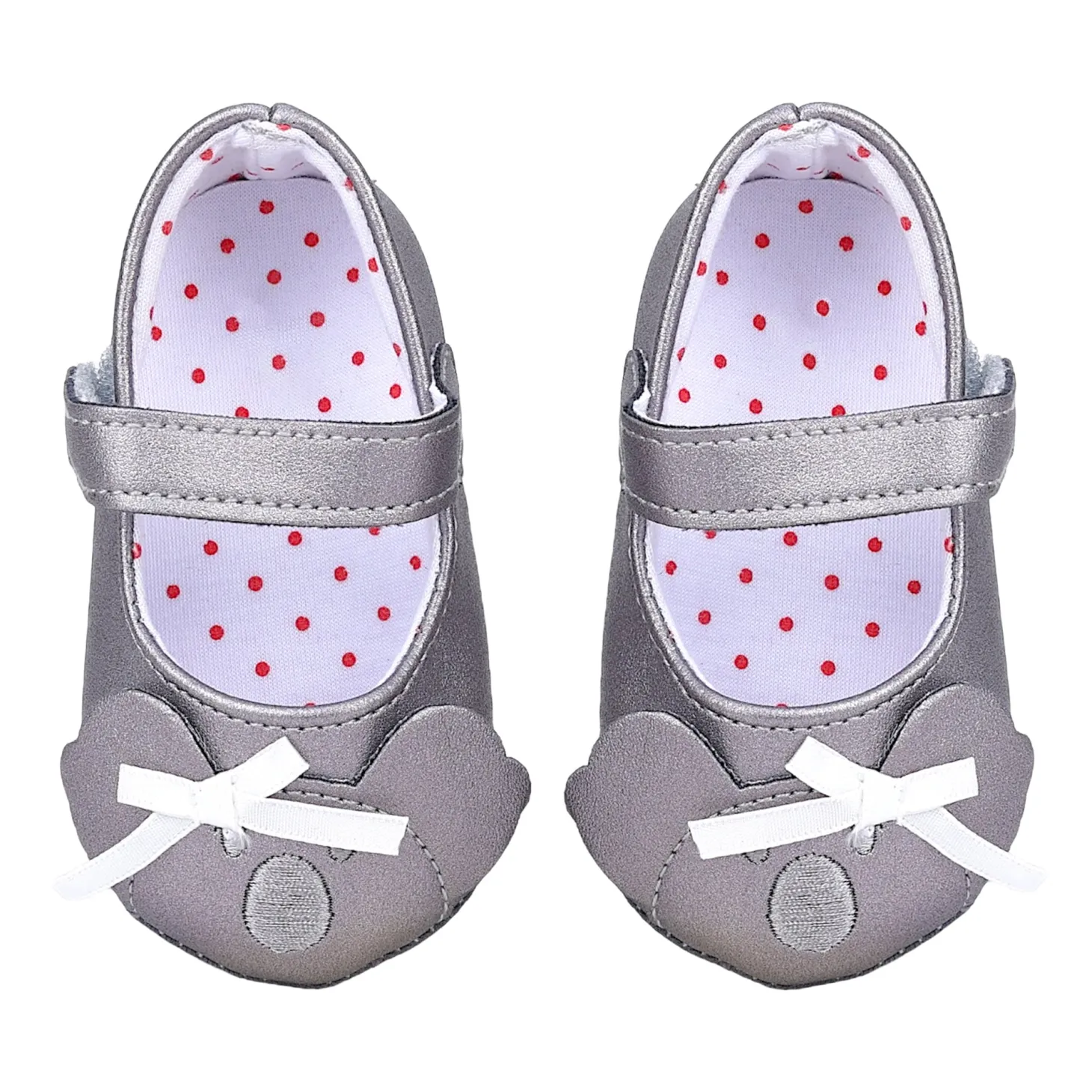 Baby Moo Koala Bow Applique Velcro Strap Anti-Skid Ballerina Booties - Grey