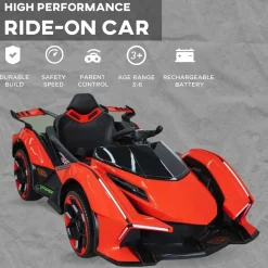 Baby Moo Lambo Ride-On Sports Car | 12V Kids Electric Toy Vehicle | Parental Remote Control | USB MP3 Player | Ages 1-6 - Red