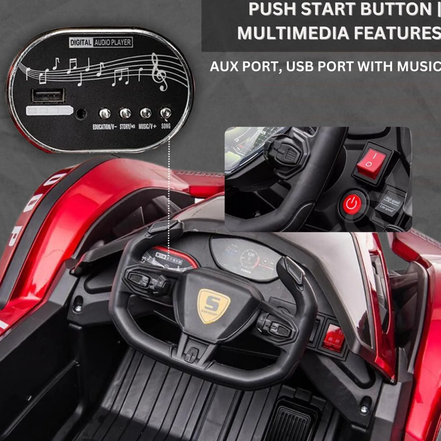 Baby Moo Lambo Ride-On Sports Car | 12V Kids Electric Toy Vehicle | Parental Remote Control | USB MP3 Player | Ages 1-6 - Red