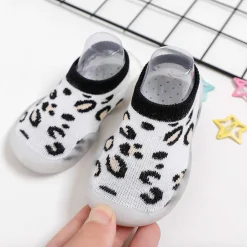 Baby Moo Leopard Print Rubber Comfortable Sole Slip-On Sock Shoes - White