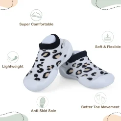Baby Moo Leopard Print Rubber Comfortable Sole Slip-On Sock Shoes - White