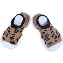 Baby Moo Leopard Print Rubber Comfortable Sole Slip-On Sock Shoes - Brown