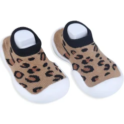 Baby Moo Leopard Print Rubber Comfortable Sole Slip-On Sock Shoes - Brown