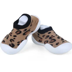 Baby Moo Leopard Print Rubber Comfortable Sole Slip-On Sock Shoes - Brown