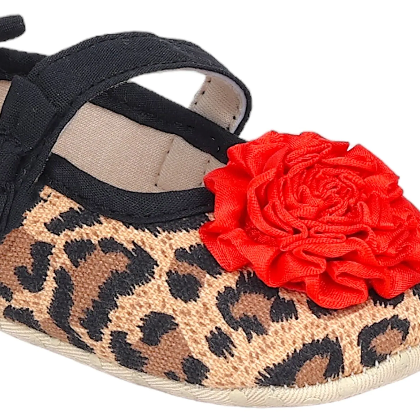 Baby Moo Leopard Printed Rose Applique Anti-Skid Ballerina Booties - Beige