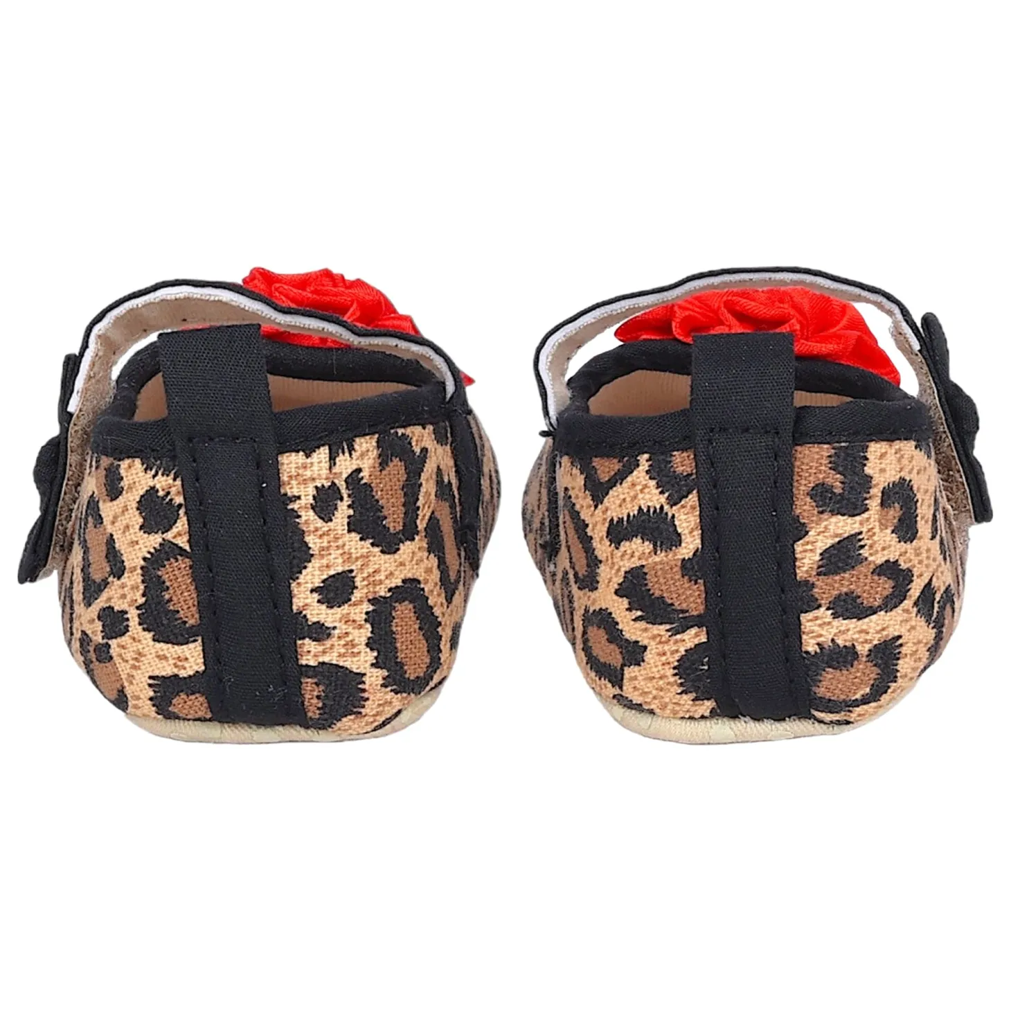 Baby Moo Leopard Printed Rose Applique Anti-Skid Ballerina Booties - Beige