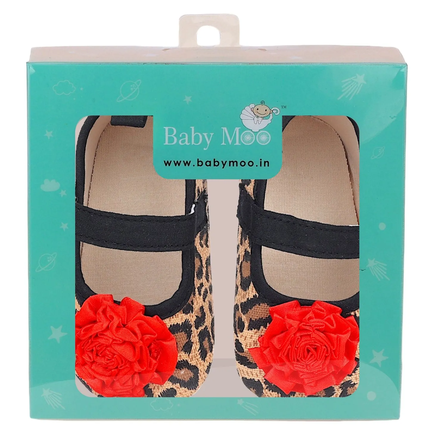 Baby Moo Leopard Printed Rose Applique Anti-Skid Ballerina Booties - Beige