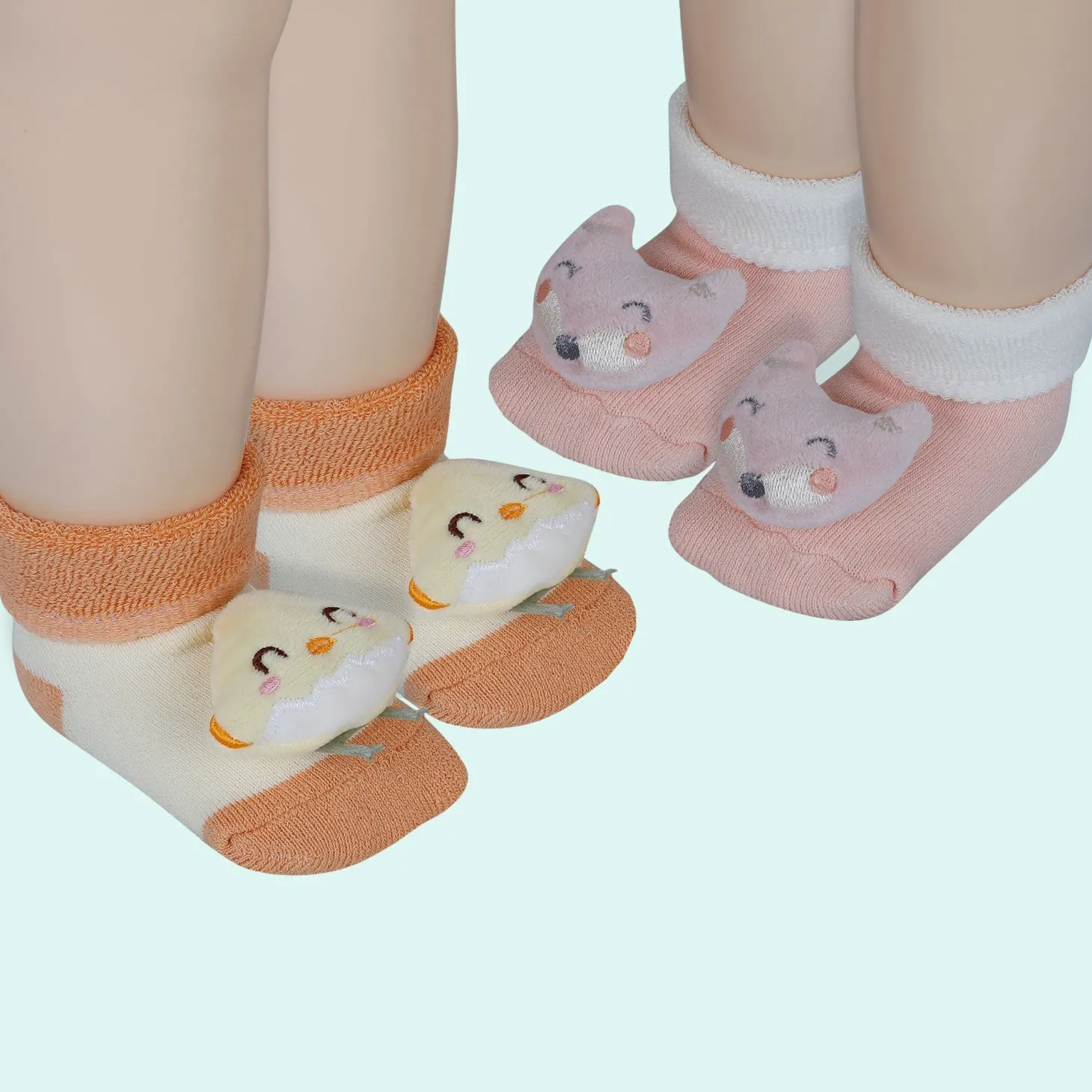 Baby Moo Little Chick 3D Rattle Anti-Skid Socks Booties Pack of 2 - Orange, Peach