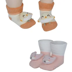 Baby Moo Little Chick 3D Rattle Anti-Skid Socks Booties Pack of 2 - Orange, Peach