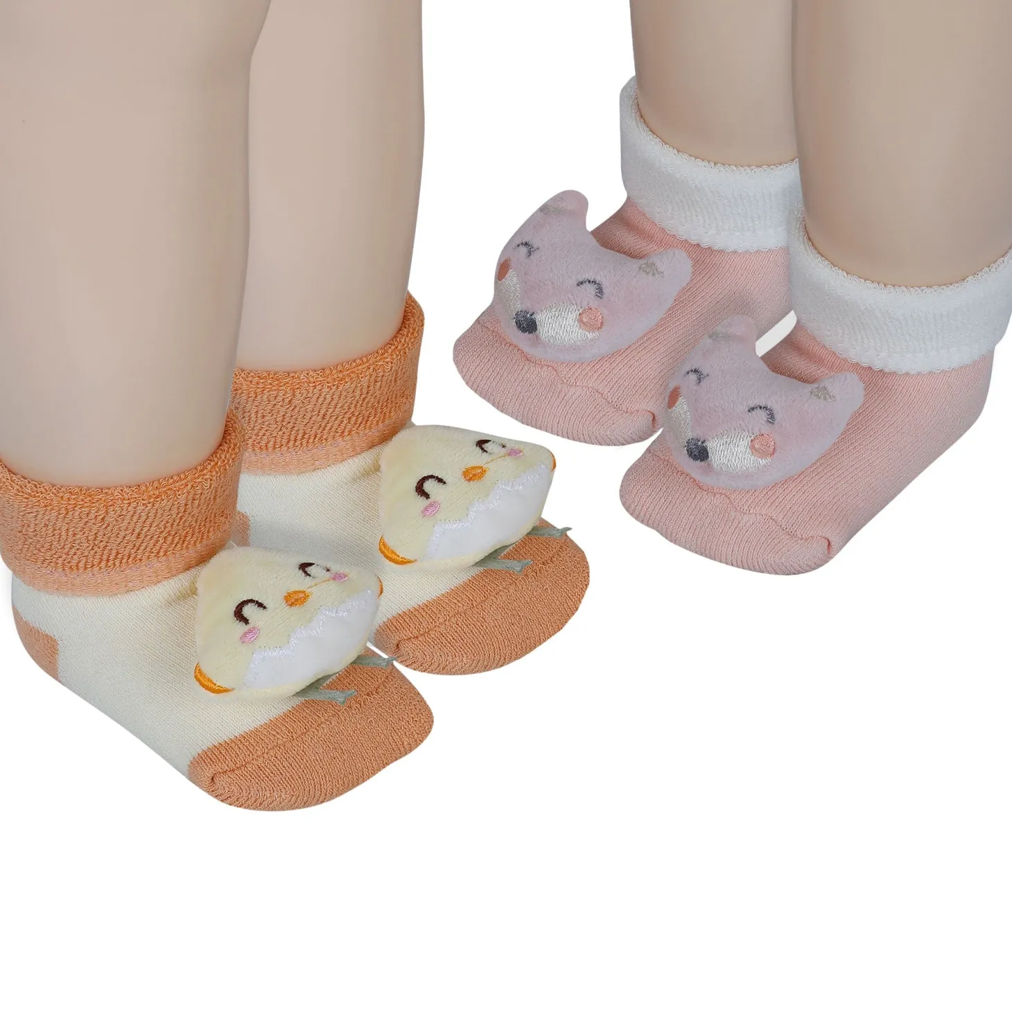 Baby Moo Little Chick 3D Rattle Anti-Skid Socks Booties Pack of 2 - Orange, Peach