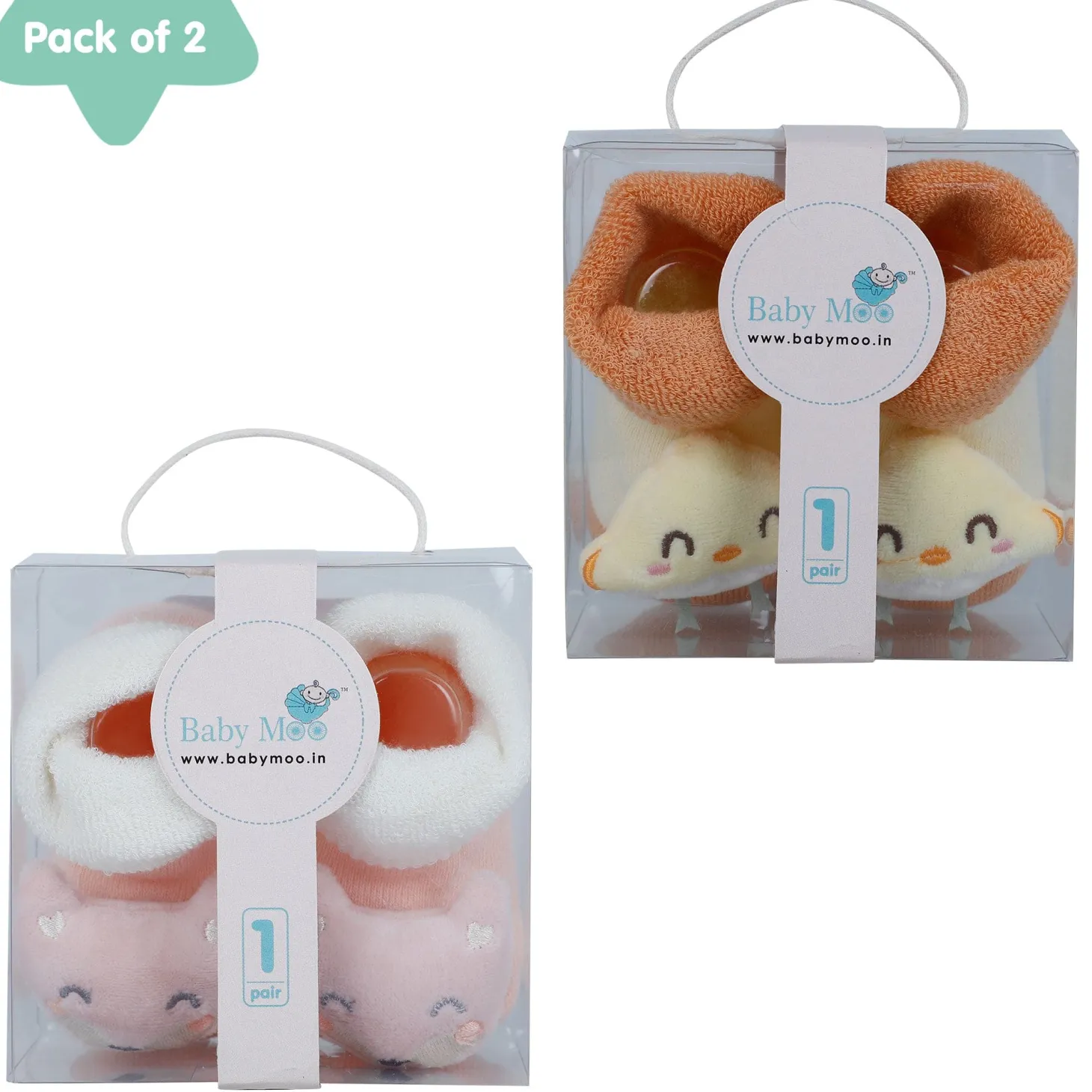Baby Moo Little Chick 3D Rattle Anti-Skid Socks Booties Pack of 2 - Orange, Peach