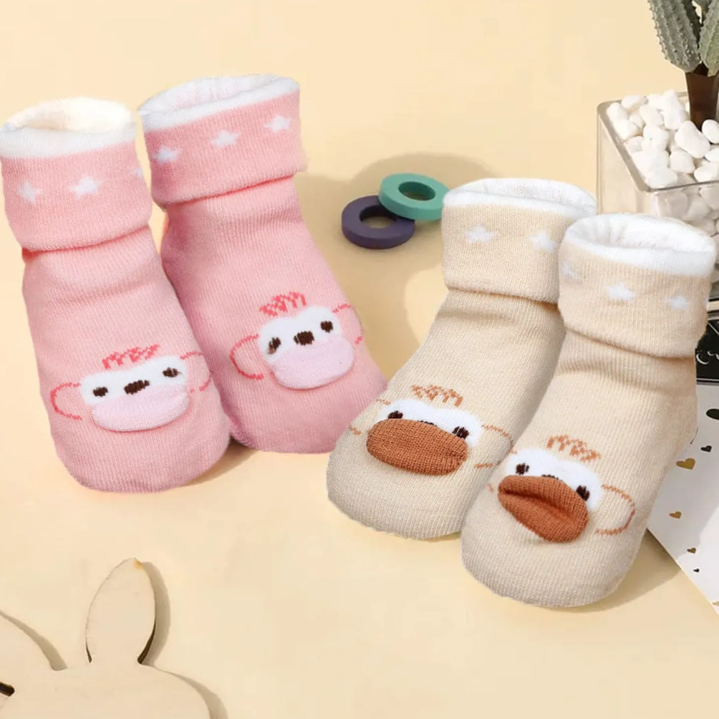 Baby Moo Little Monkey Cotton Anti-Skid 2 Pair Socks - Beige