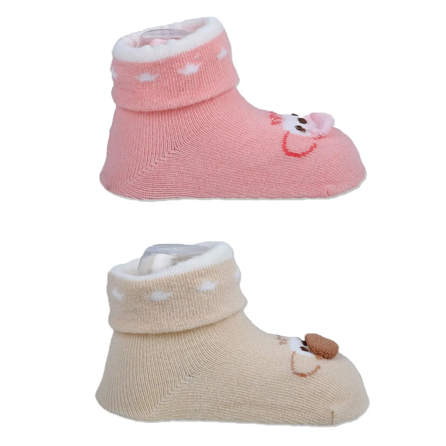 Baby Moo Little Monkey Cotton Anti-Skid 2 Pair Socks - Beige