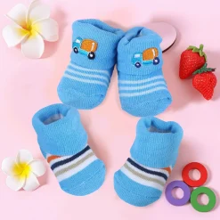 Baby Moo Lorry And Stripes Newborn Breathable Infant Cotton Socks - Blue