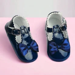 Baby Moo Mary Jane Bow Patent Leather Anti-Skid Ballerina Booties - Blue
