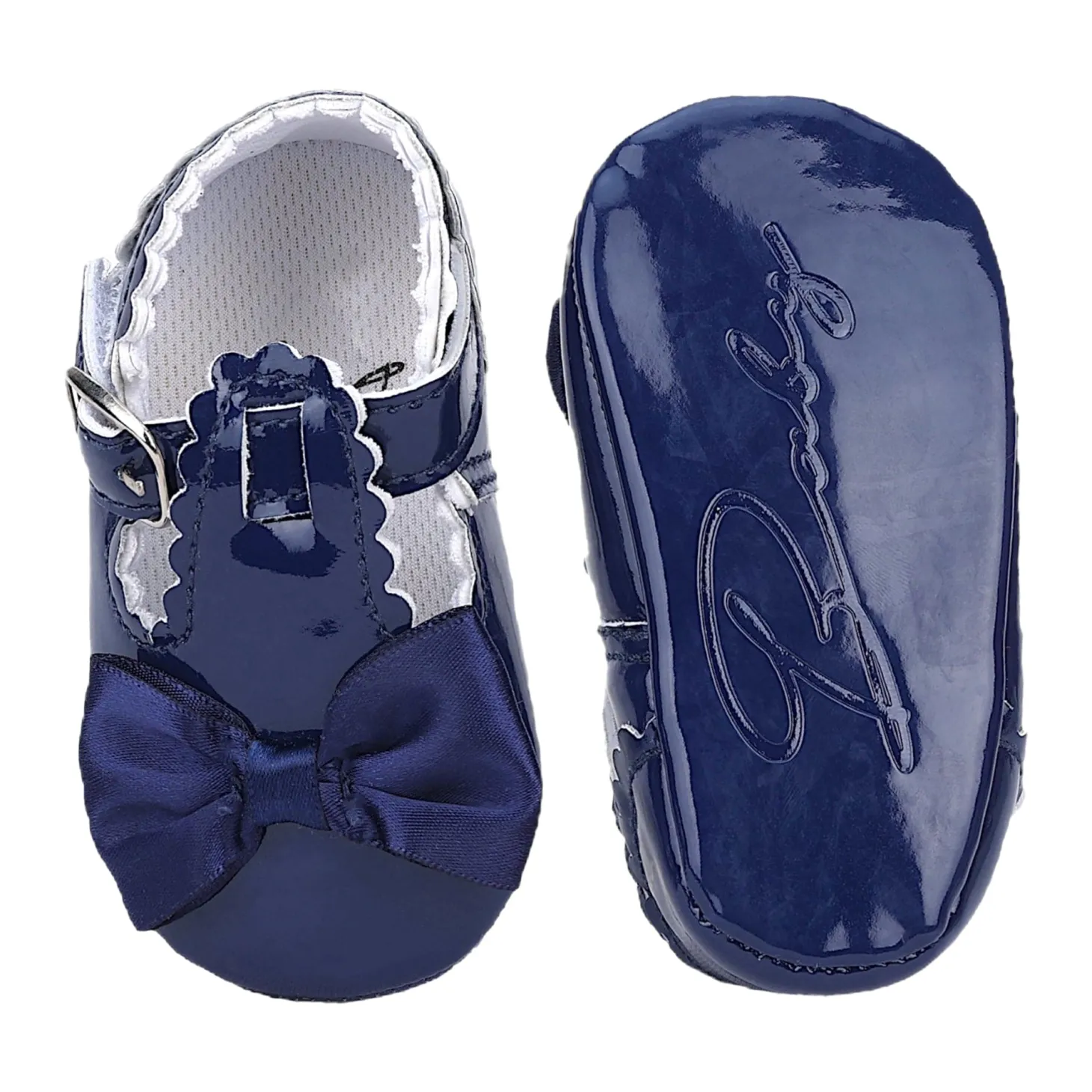 Baby Moo Mary Jane Bow Patent Leather Anti-Skid Ballerina Booties - Blue