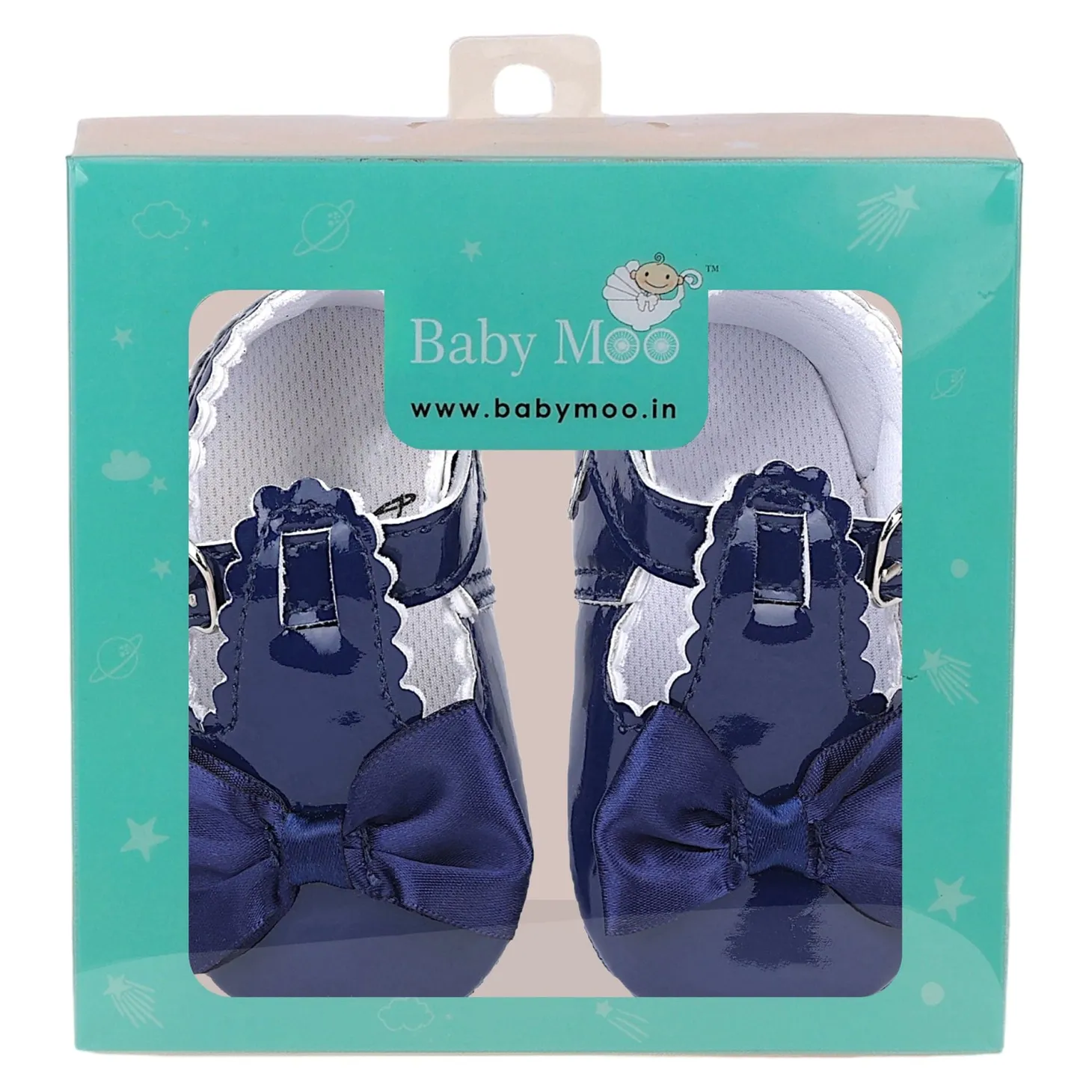 Baby Moo Mary Jane Bow Patent Leather Anti-Skid Ballerina Booties - Blue