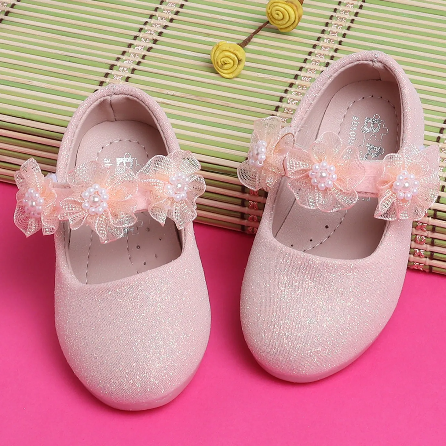 Baby Moo Mary Jane Glittery Floral Applique On Velcro Strap Anti-Skid Ballerina Shoes - Pink