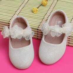 Baby Moo Mary Jane Glittery Floral Applique On Velcro Strap Anti-Skid Ballerina Shoes - Gold