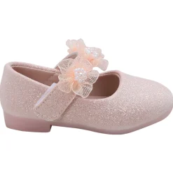 Baby Moo Mary Jane Glittery Floral Applique On Velcro Strap Anti-Skid Ballerina Shoes - Pink