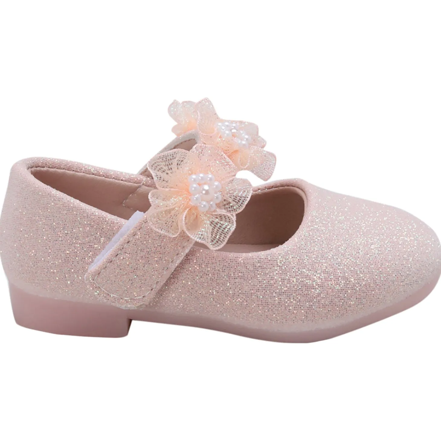 Baby Moo Mary Jane Glittery Floral Applique On Velcro Strap Anti-Skid Ballerina Shoes - Pink