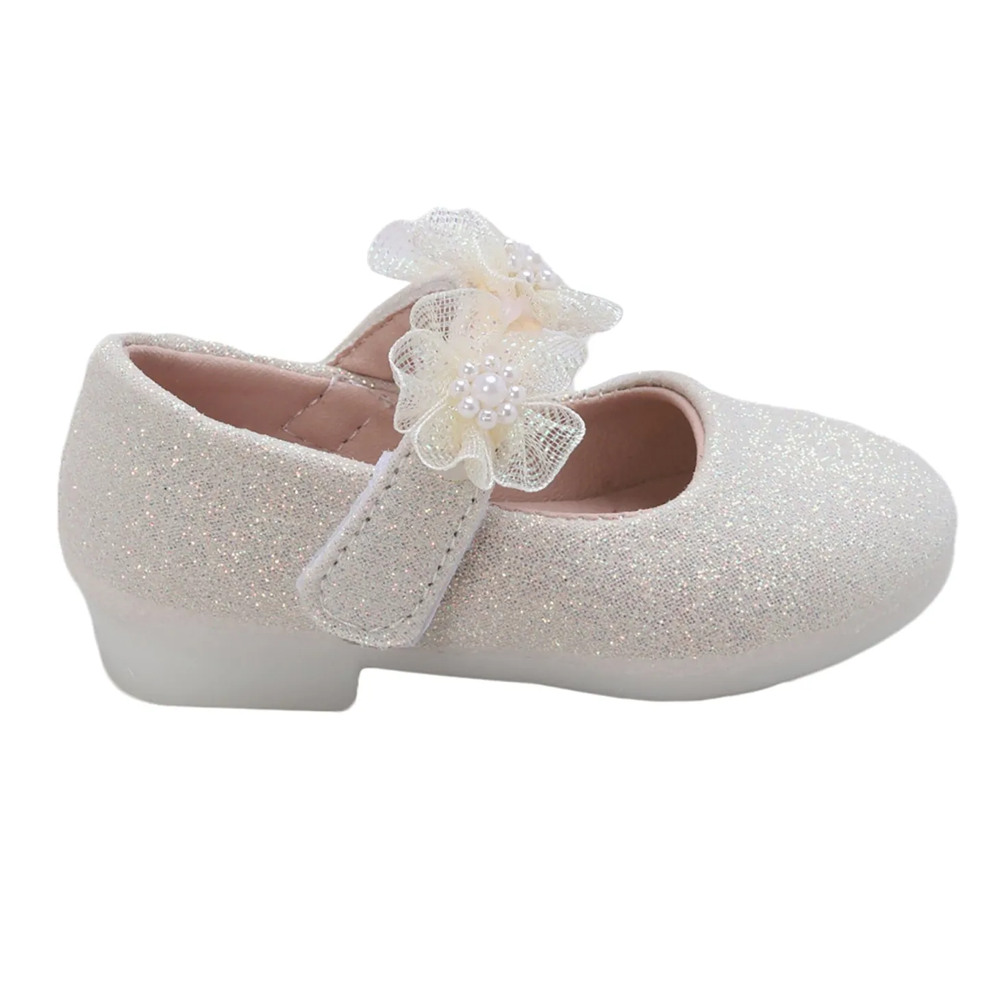 Baby Moo Mary Jane Glittery Floral Applique On Velcro Strap Anti-Skid Ballerina Shoes - Gold