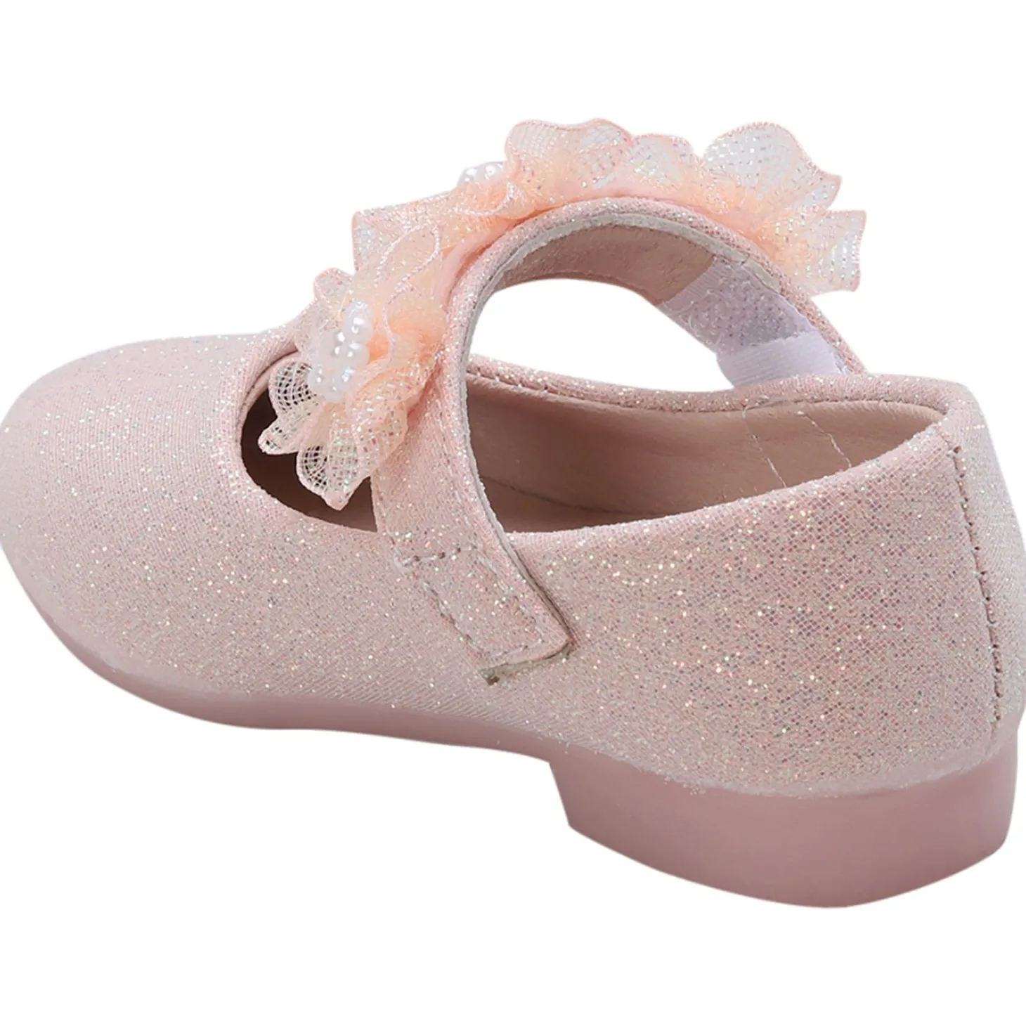 Baby Moo Mary Jane Glittery Floral Applique On Velcro Strap Anti-Skid Ballerina Shoes - Pink
