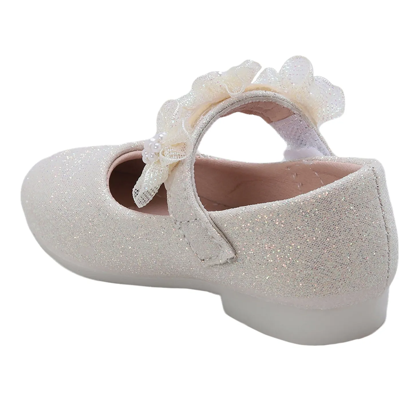 Baby Moo Mary Jane Glittery Floral Applique On Velcro Strap Anti-Skid Ballerina Shoes - Gold